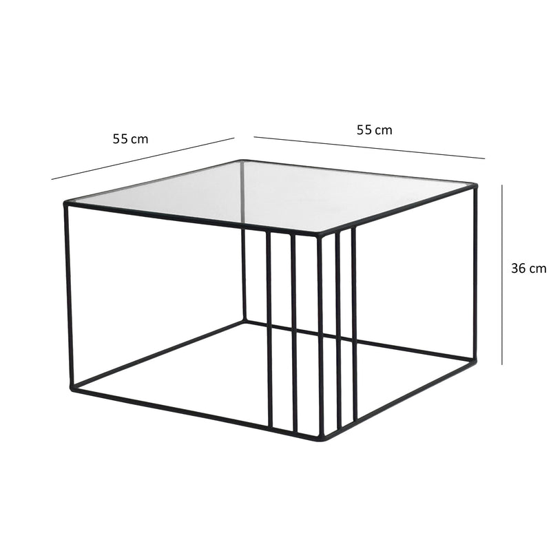 Tavolino basso design da salotto forma cubica in metallo e vetro cm 55x55x36h