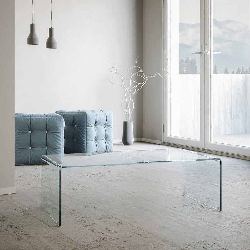 Tavolino basso moderno in vetro curvato trasparente cm 110x55x35h