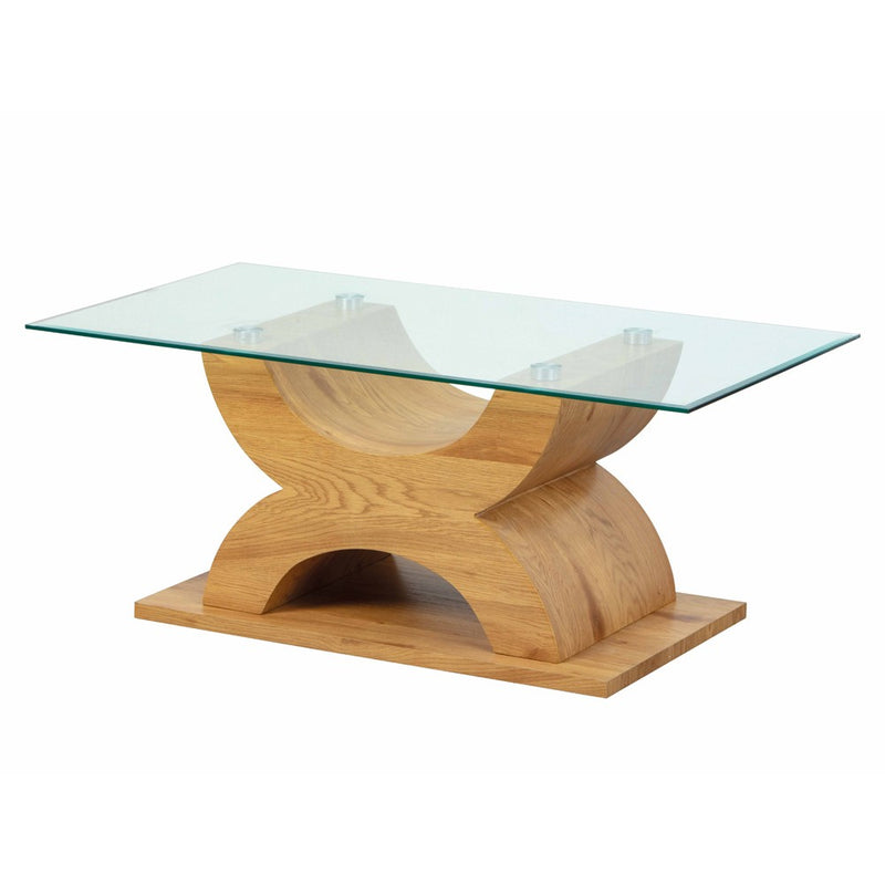 Oksana - Tavolino da salotto basso base in legno piano in vetro cm 110x60x45h