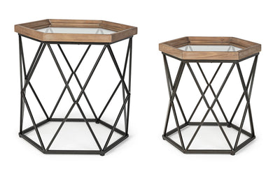 Set da 2 Tavolino ottagonale da salotto stile industriale in metallo vetro e legno