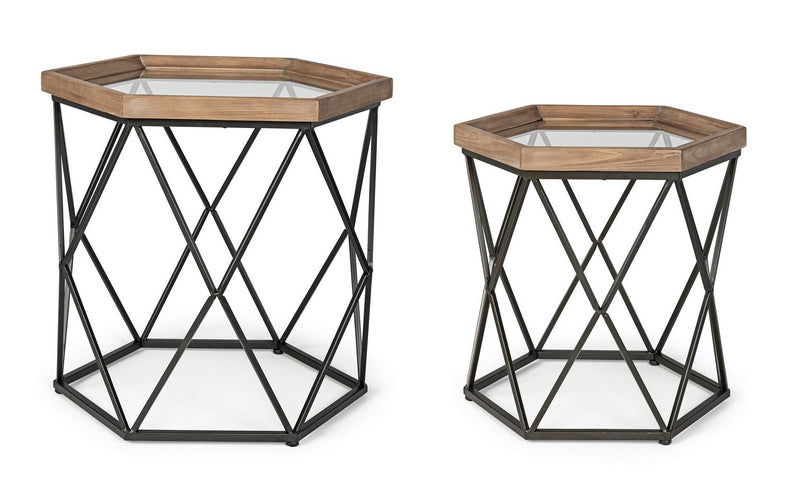 Set da 2 Tavolino ottagonale da salotto stile industriale in metallo vetro e legno