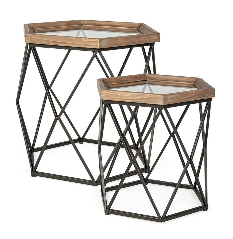 Set da 2 Tavolino ottagonale da salotto stile industriale in metallo vetro e legno