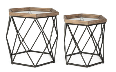 Set da 2 Tavolino ottagonale da salotto stile industriale in metallo vetro e legno
