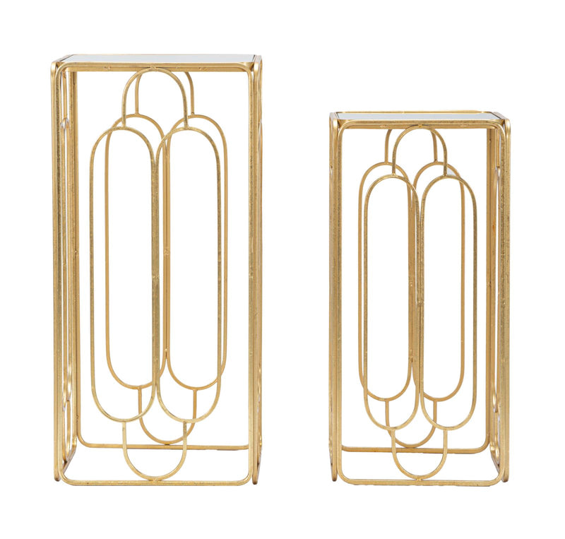 Set da 2 Tavolino porta telefono quadrato in metallo dorato piano con specchio