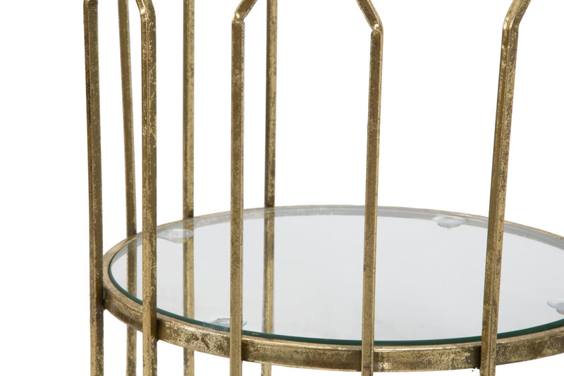 Tavolino porta telefono tondo in metallo dorato con ripiani in vetro cm Ø 35x71h