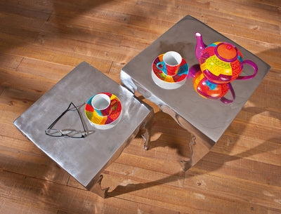 Nesli - Set 2 tavolino da salotto quadrato in metallo colore argento