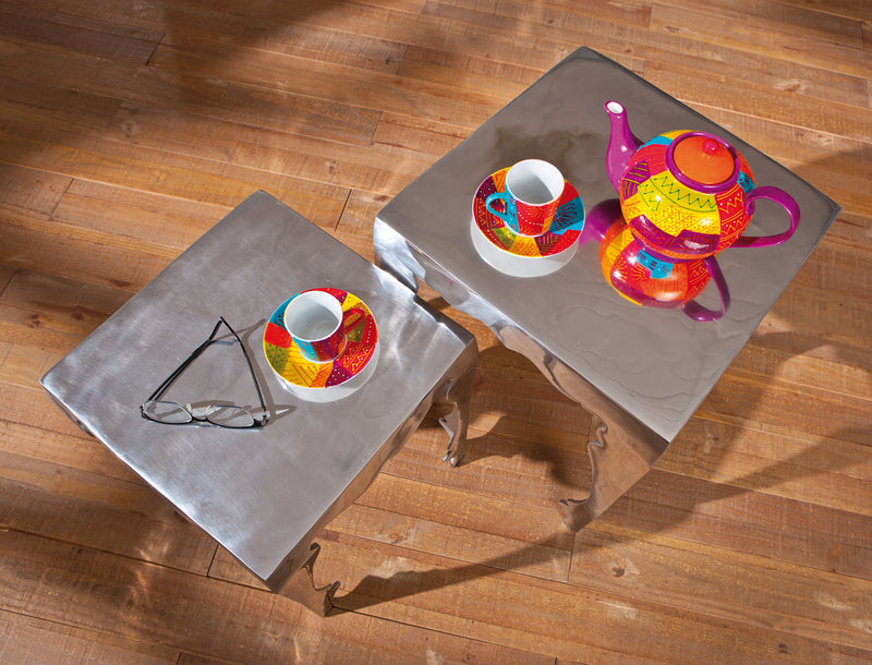 Nesli - Set 2 tavolino da salotto quadrato in metallo colore argento