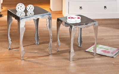 Nesli - Set 2 tavolino da salotto quadrato in metallo colore argento