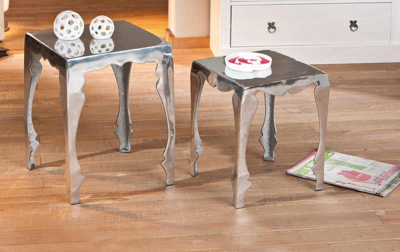 Nesli - Set 2 tavolino da salotto quadrato in metallo colore argento