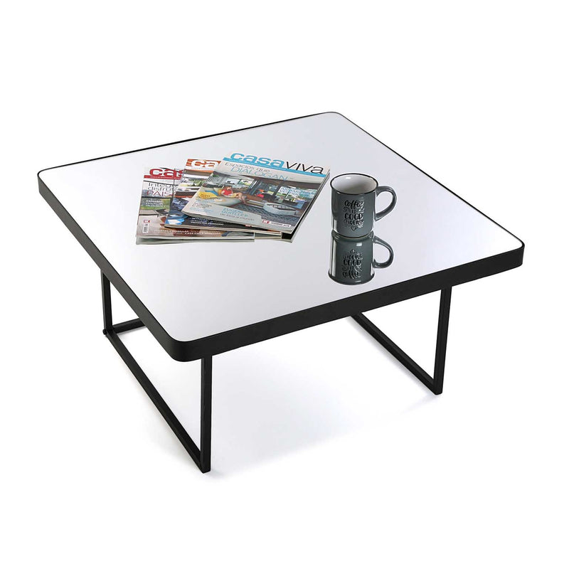 Tavolino moderno quadrato basso in metallo nero e specchio cm 75x75x38h