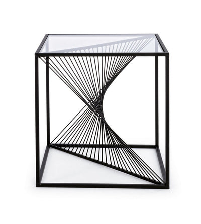 Tavolino moderno basso quadrato in metallo nero e vetro trasparente cm 48x48x51h