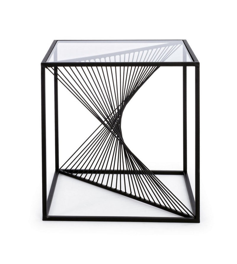 Tavolino moderno basso quadrato in metallo nero e vetro trasparente cm 48x48x51h