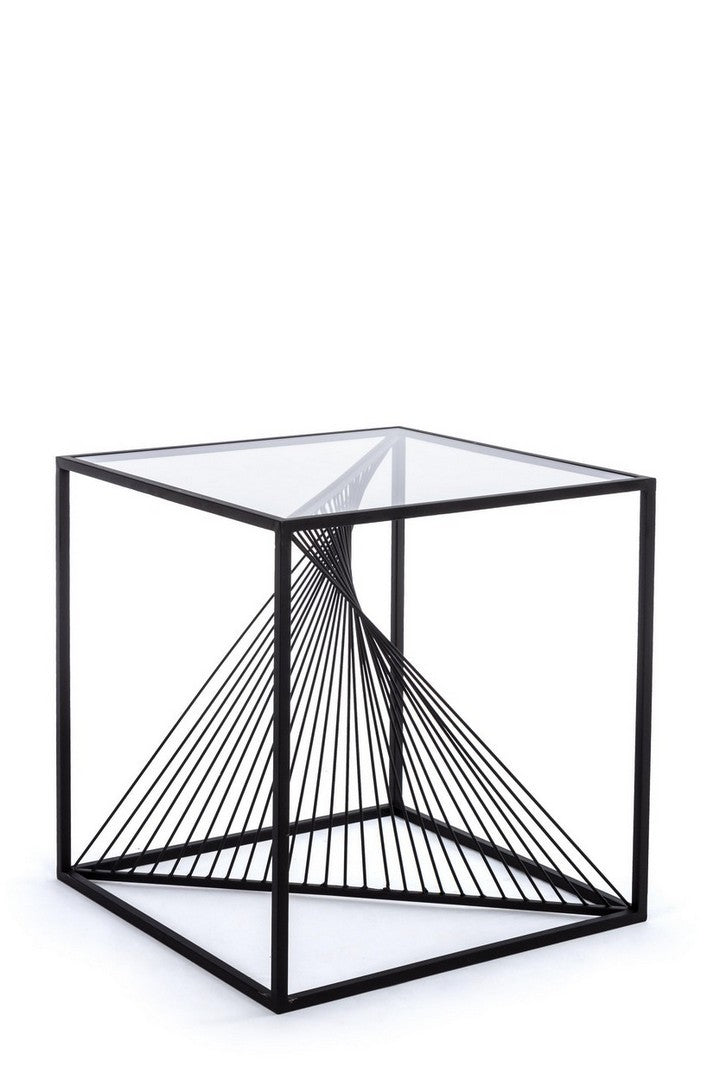 Tavolino moderno basso quadrato in metallo nero e vetro trasparente cm 48x48x51h