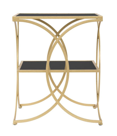 Tavolino basso da salotto design in metallo dorato ripiani in vetro nero cm 45x45x55h