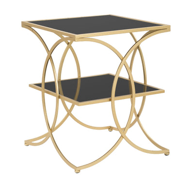 Tavolino basso da salotto design in metallo dorato ripiani in vetro nero cm 45x45x55h