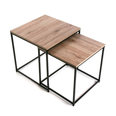 Set da 2 Tavolino basso quadrato in metallo nero piano in legno rovere stile moderno