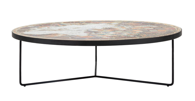 Tavolino da salotto basso piano in legno effetto mosaico con mappamondo cm Ø 91x27h