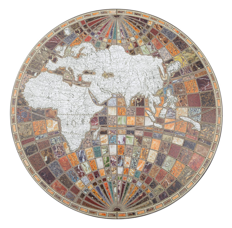Tavolino da salotto basso piano in legno effetto mosaico con mappamondo cm Ø 91x27h