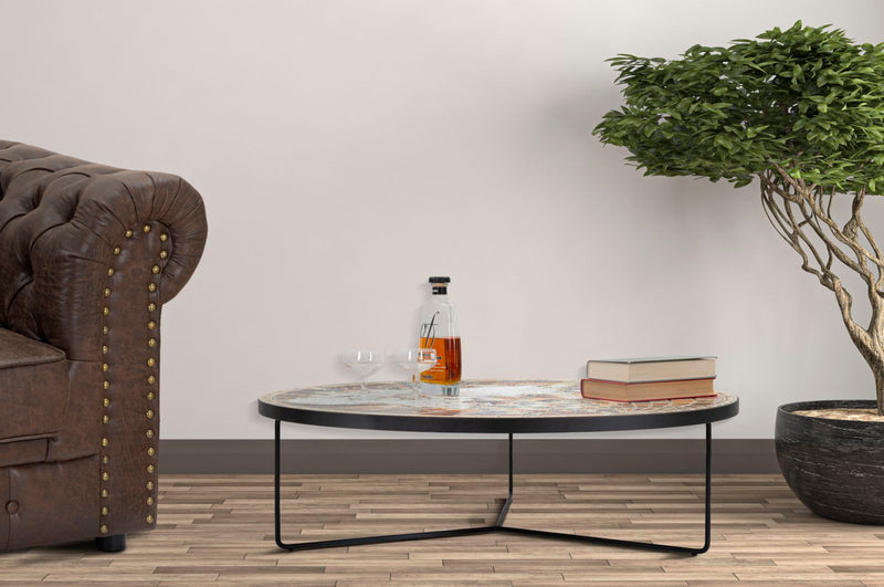 Tavolino da salotto basso piano in legno effetto mosaico con mappamondo cm Ø 91x27h