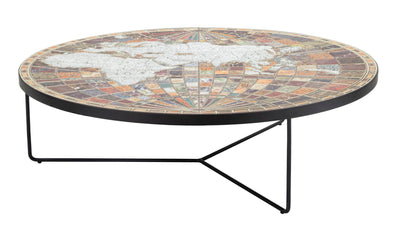 Tavolino da salotto basso piano in legno effetto mosaico con mappamondo cm Ø 91x27h