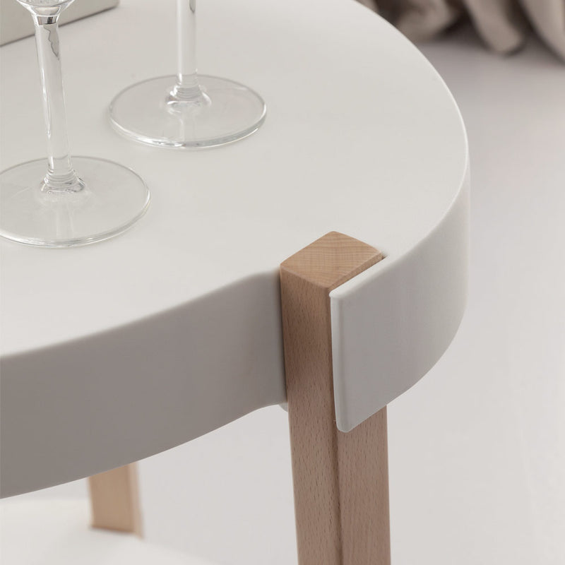 Tavolino tondo con ruote supporti in faggio naturale piano bianco cm 55x62h