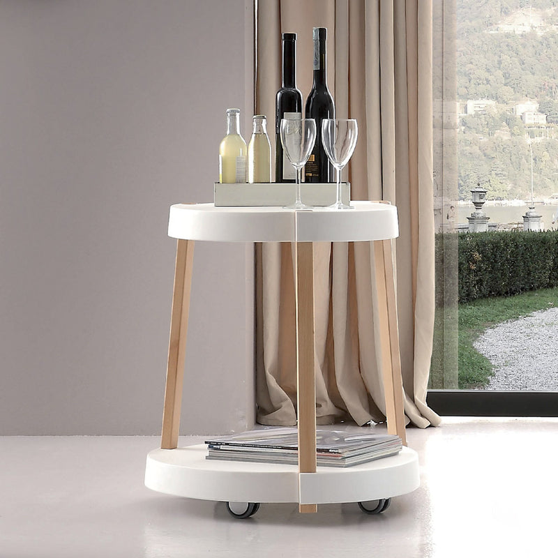 tavolino tondo carrello con ruote piano e ripiano bianco struttura in faggio naturale