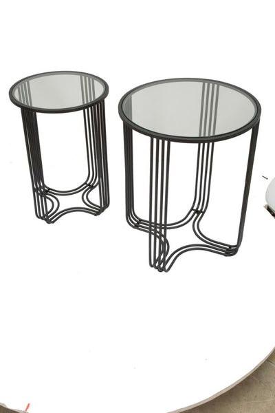 Set da 2 tavolino tondo da salotto in metallo antracite piano in vetro