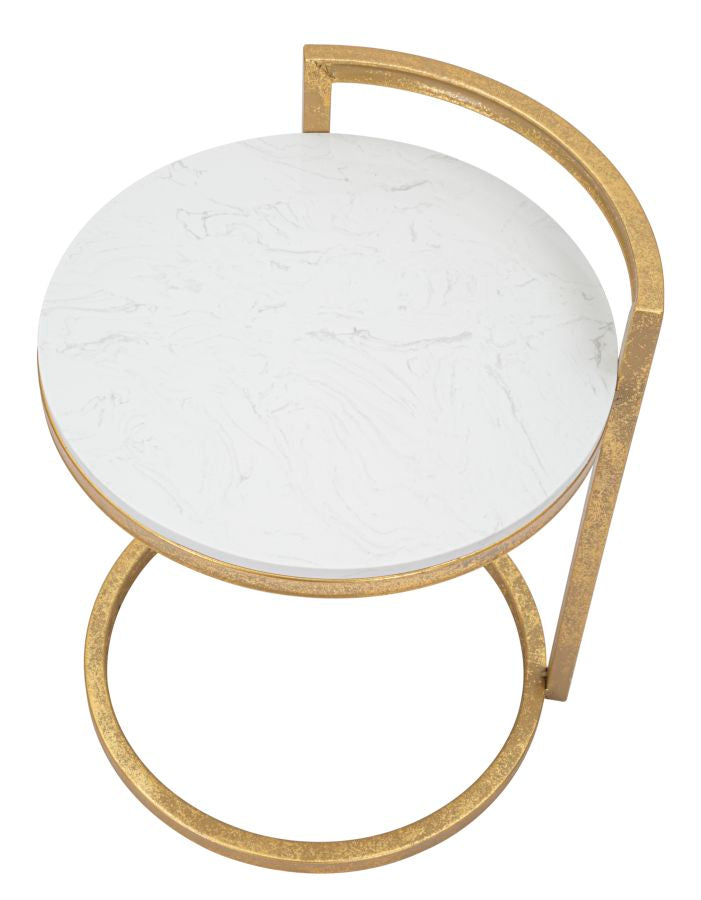 Tavolino tondo da salotto basso in metallo colore oro piano effetto marmo cm 40x43x50h