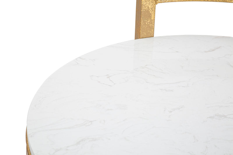 Tavolino tondo da salotto basso in metallo colore oro piano effetto marmo cm 40x43x50h