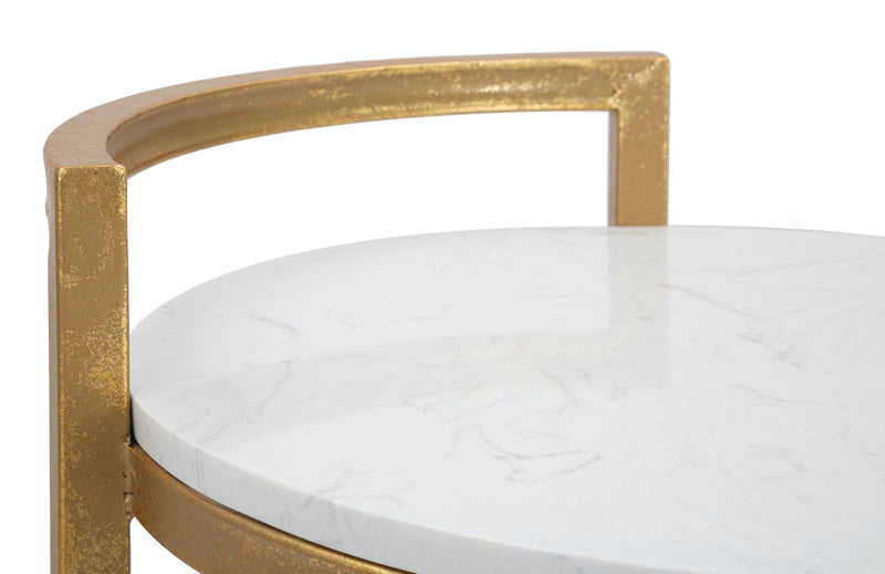 Tavolino tondo da salotto basso in metallo colore oro piano effetto marmo cm 40x43x50h