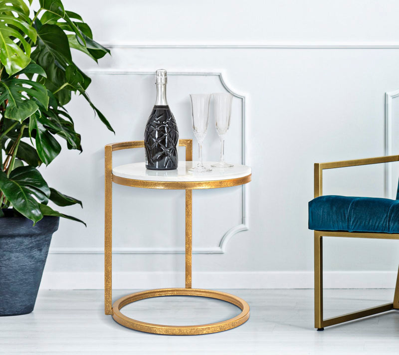 Tavolino tondo da salotto basso in metallo colore oro piano effetto marmo cm 40x43x50h