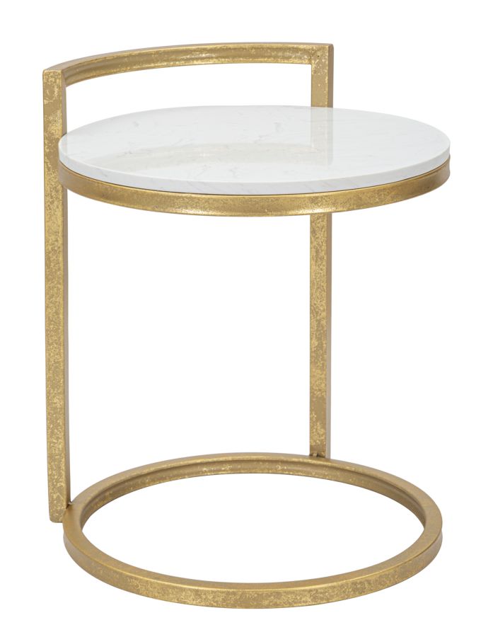 Tavolino tondo da salotto basso in metallo colore oro piano effetto marmo cm 40x43x50h