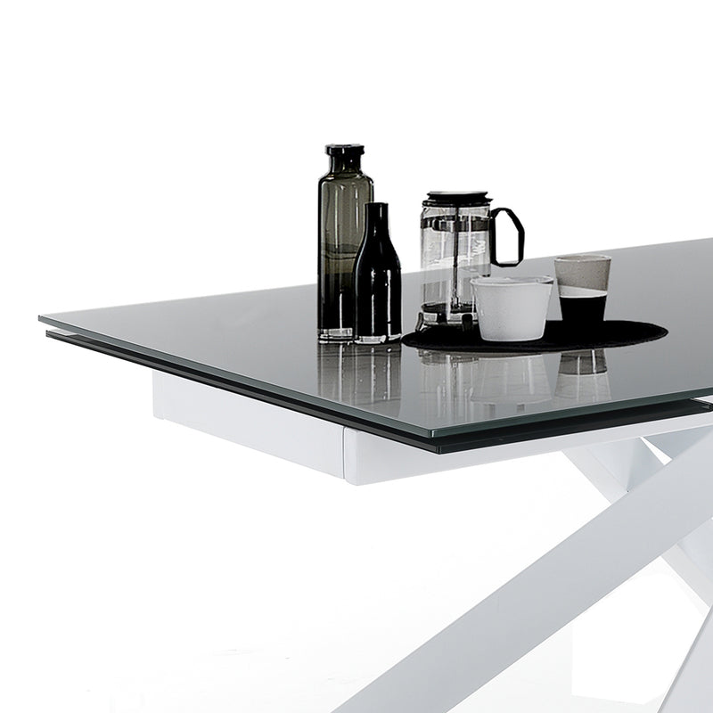 Tavolo da pranzo gambe incrociate in acciaio piano in vetro cm 160/240x90x75h - vari colori