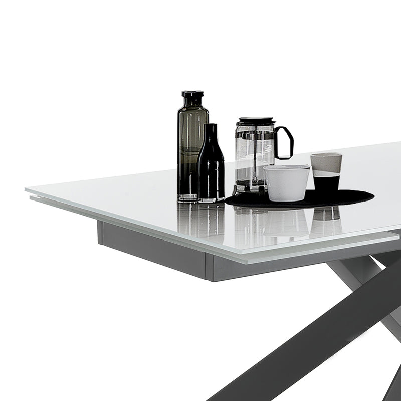 Tavolo da pranzo gambe incrociate in acciaio piano in vetro cm 160/240x90x75h - vari colori