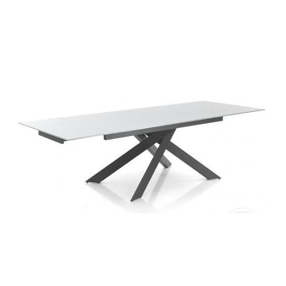 Tavolo da pranzo gambe incrociate in acciaio piano in vetro cm 160/240x90x75h - vari colori