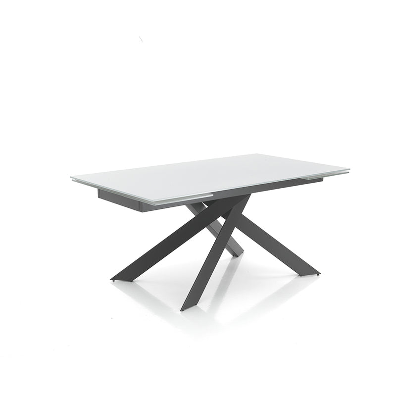 Tavolo da pranzo gambe incrociate in acciaio piano in vetro cm 160/240x90x75h - vari colori