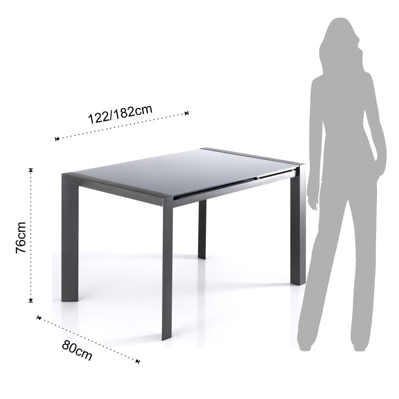 Tavolo moderno allungabile fino a 182 cm piano in vetro grigio e gambe in metallo