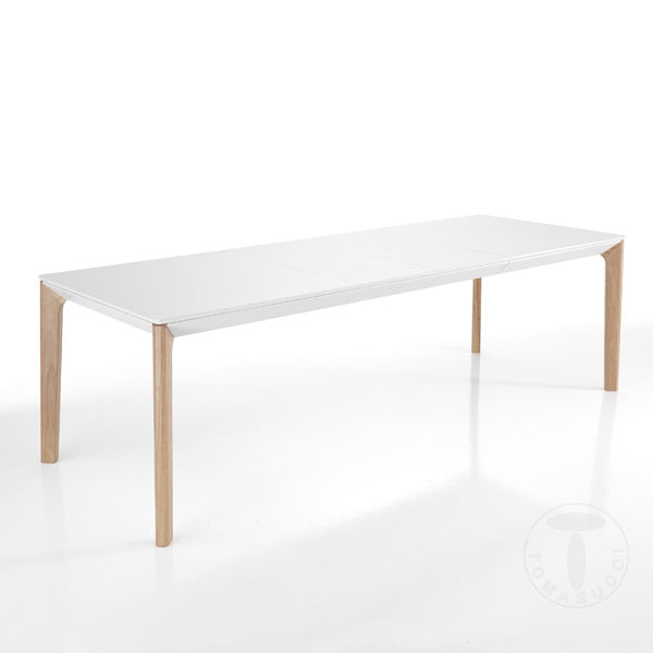 Tavolo da pranzo allungabile bicolore moderno con piano bianco e gambe rovere cm 160/240