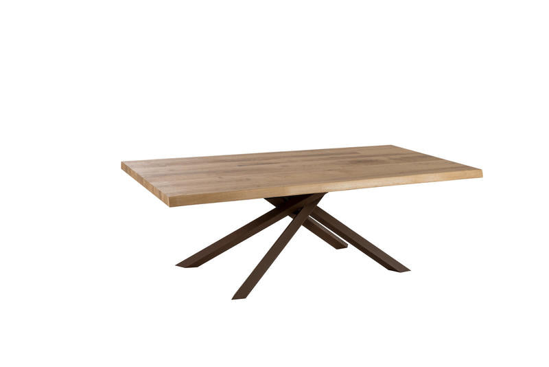 tavolo allungabile gambe ad incrocio in metallo ruggine piano in legno