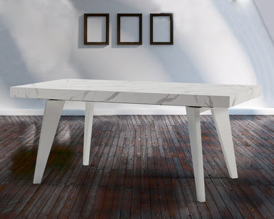 tavolo allungabile piano finitura pietra bianca gambe in legno bianco laccato