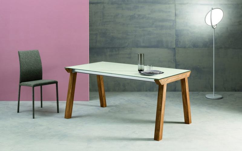 tavolo Genius struttura frassino tinto rovere slavonia 002 piano vetro ceramicato oxide bianco 164
