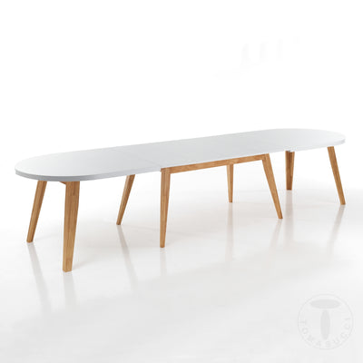 Tavolo allungabile gambe in legno massello rovere piano bianco ovale cm 180/300x90x78h