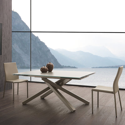 Siry - Tavolo allungabile piano in vetro gambe incrociate cm 160/240x106x76h