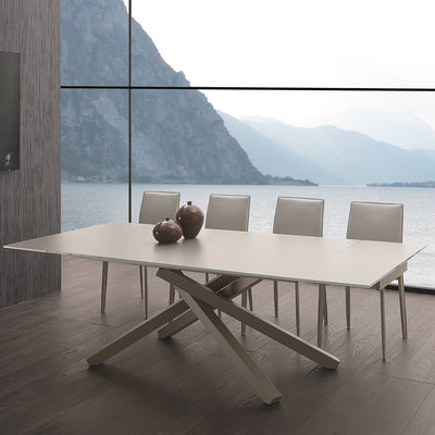 Siry - Tavolo allungabile piano in vetro gambe incrociate cm 160/240x106x76h