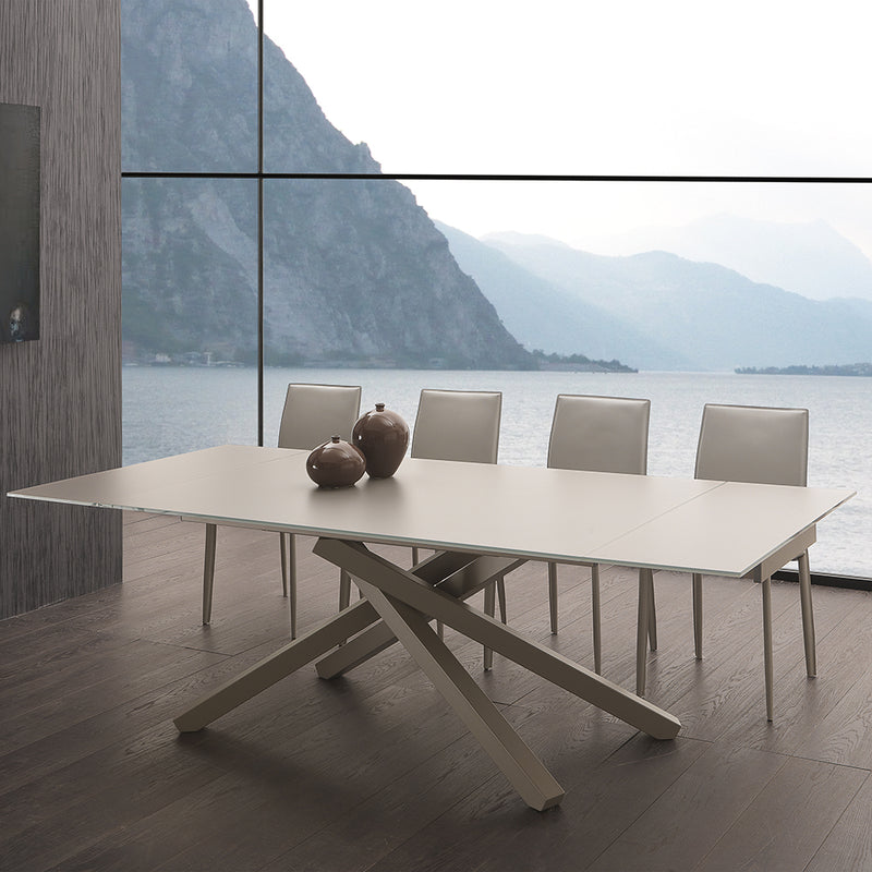 Siry - Tavolo allungabile piano in vetro gambe incrociate cm 160/240x106x76h