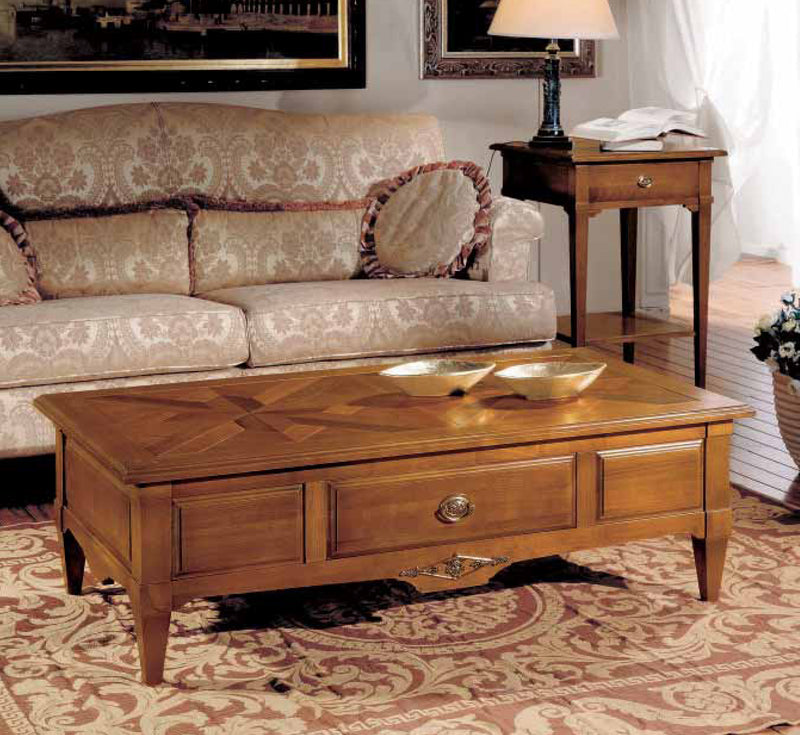 Tavolino basso da salotto in legno con finitura color noce con cassetto cm 130x70x40h