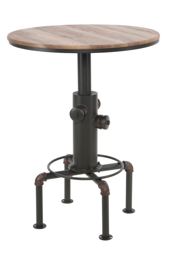 Tavolo tondo da bar stile industriale in ferro e piano in legno