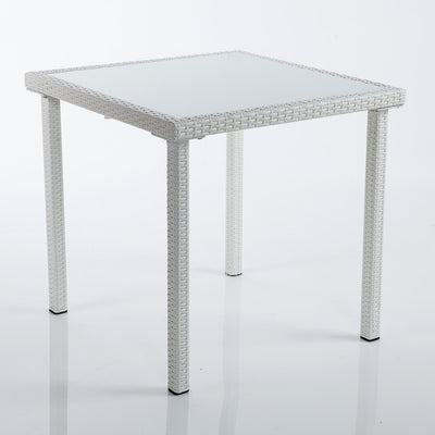 Tavolo quadrato in polyrattan e piano in vetro colore bianco o marrone