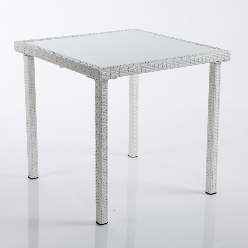Tavolo quadrato in polyrattan e piano in vetro colore bianco o marrone