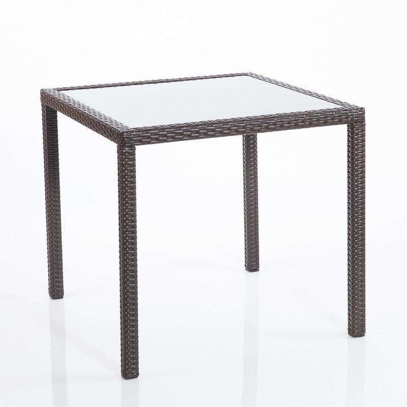Tavolo quadrato in polyrattan e piano in vetro colore bianco o marrone